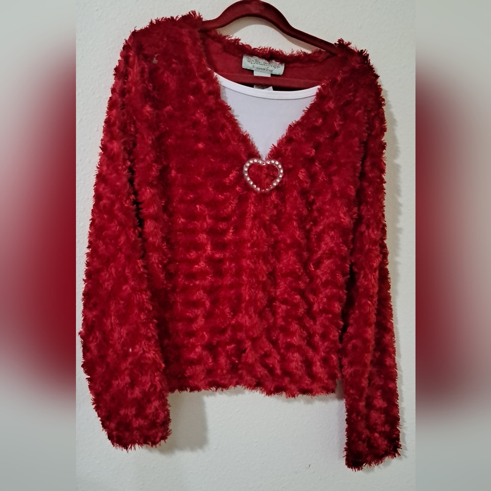 Periscope BY CJ Apparel Red Furry Fuzzy Y2k 90s Gem Rhinestone Long Sleev Girls